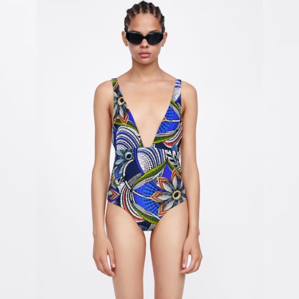 ZARA Floral Print Plunge One Piece Swimsuit S New - Picture 7 of 7